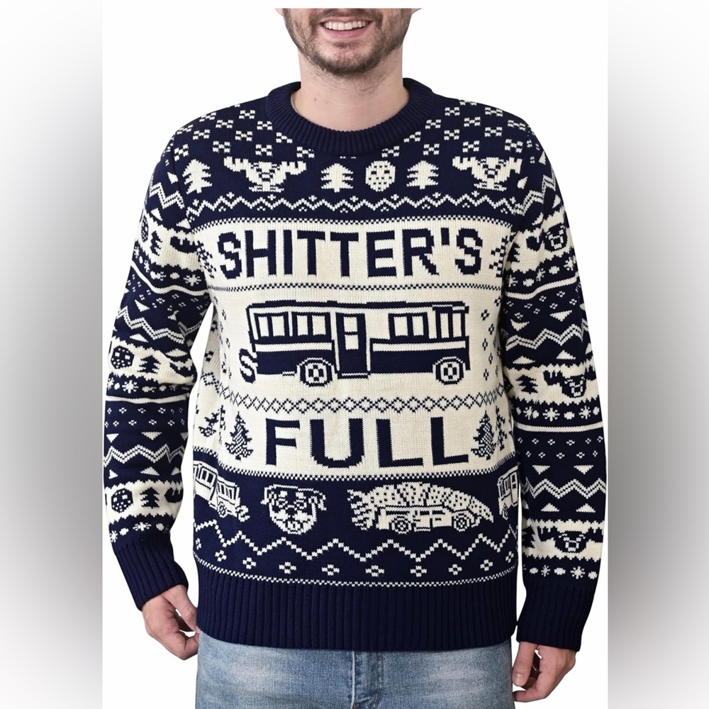 Ugly Christmas sweater 'Shitter's Full' Holiday Knit Sweater - Men's XL